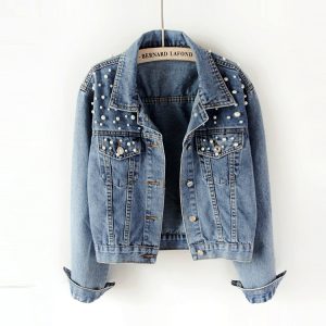 Women's Cropped Pearl Studded Denim Jacket