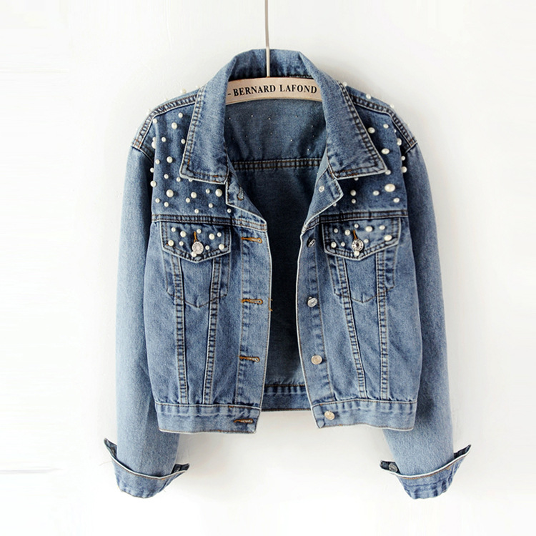 Women's Cropped Pearl Studded Denim Jacket