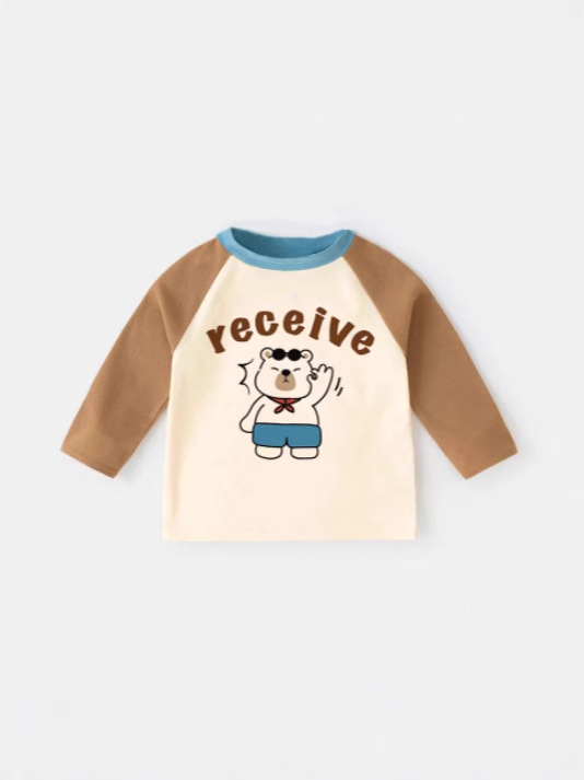 Kids Color-Blocked Raglan Sleeve Cartoon Bear Long-Sleeve T-Shirt