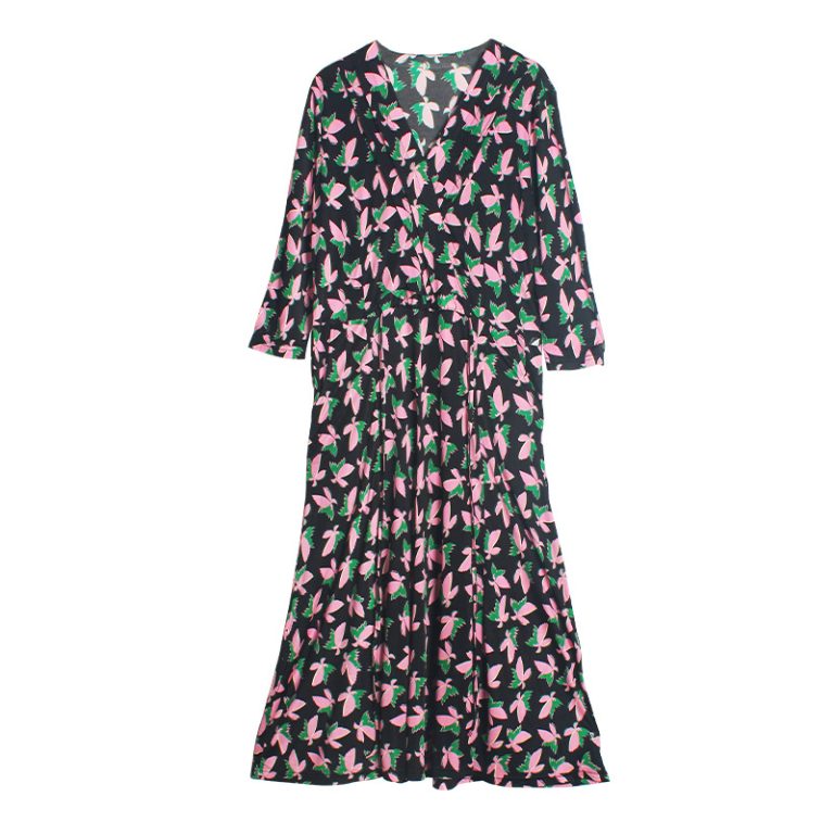 V-neck Waist-cinching Floral Long-sleeve Dress (French Tea Dress)