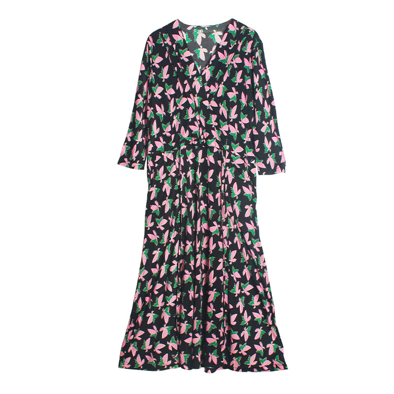 V-neck Waist-cinching Floral Long-sleeve Dress (French Tea Dress)