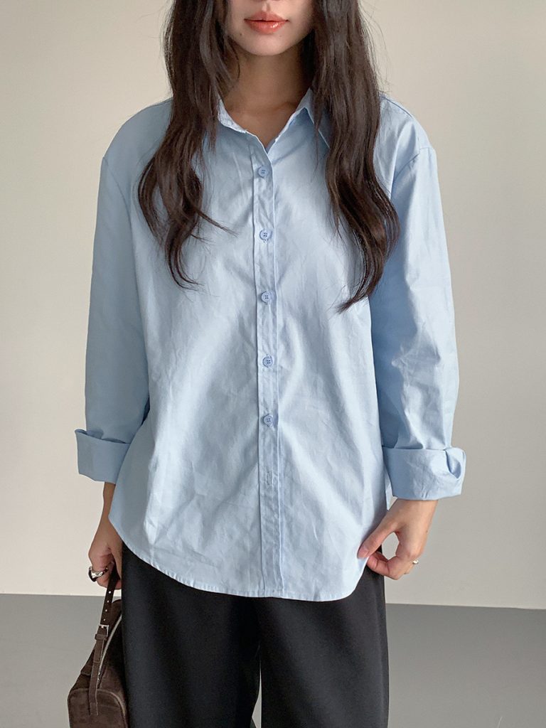 Women's Light Blue Oversized Dropped-Shoulder Long-Sleeve Shirt