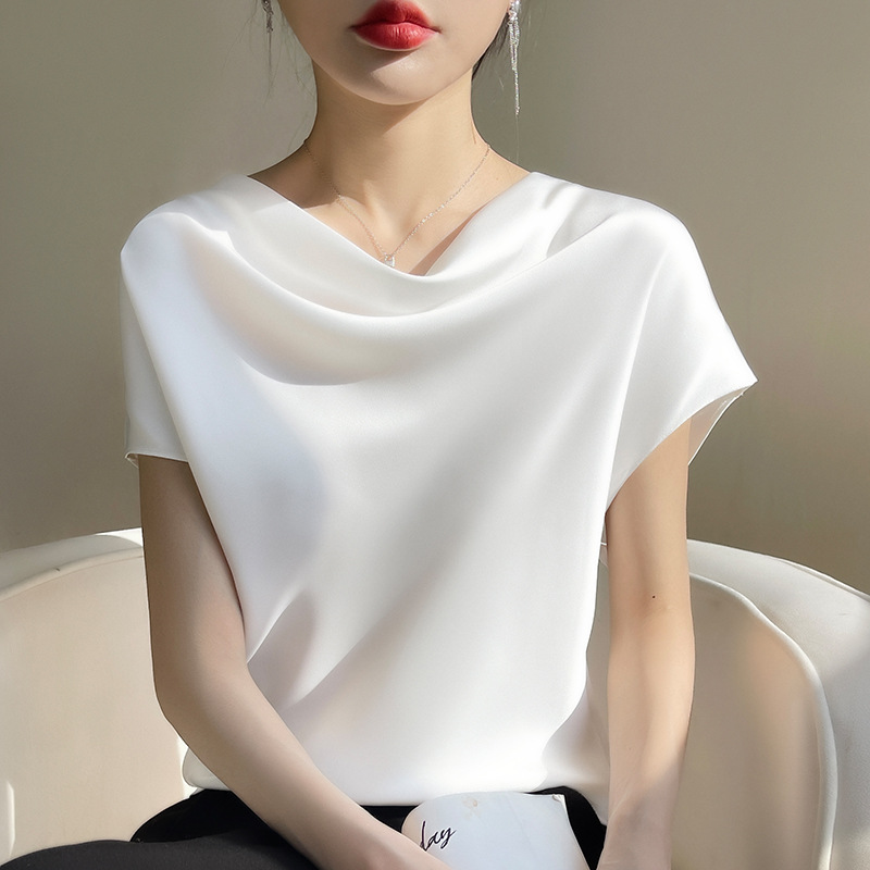 Women's Satin Draped Cowl Neck Cap Sleeve Top