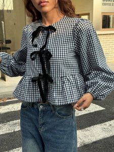 Women's Black-White Gingham Velvet Bow Ruffled Cropped Blouse