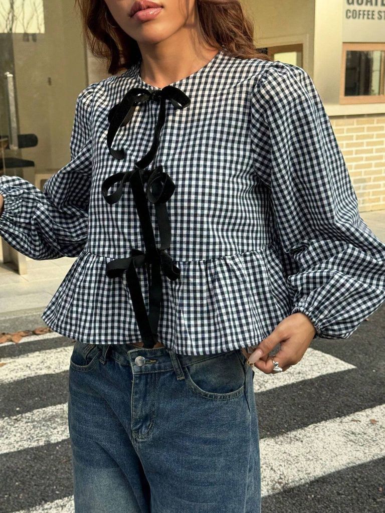 女士黑白格纹丝绒蝴蝶结荷叶边短款衬衫