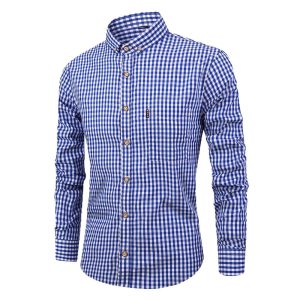 Men's Blue and White Gingham Long Sleeve Casual Shirt