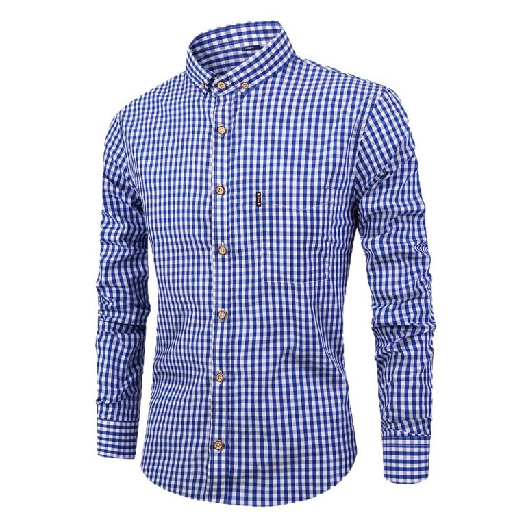 Men's Blue and White Gingham Long Sleeve Casual Shirt