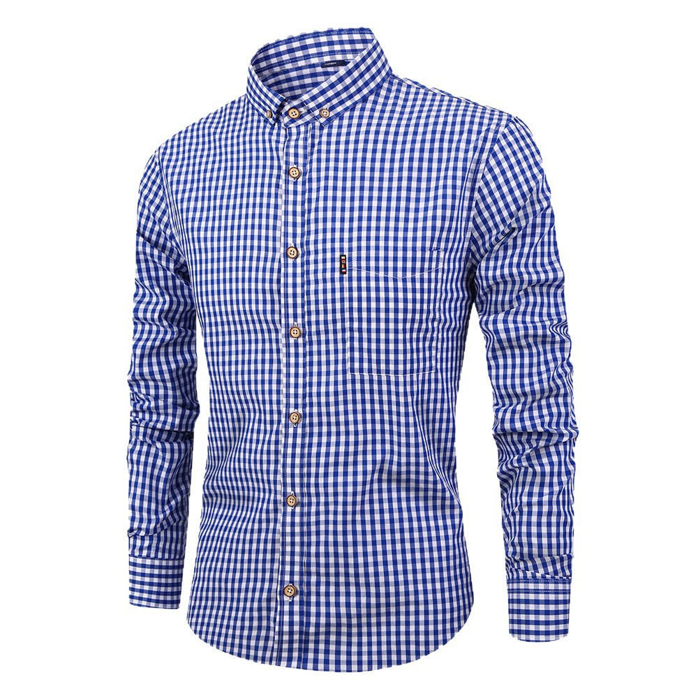 Men's Blue and White Gingham Long Sleeve Casual Shirt