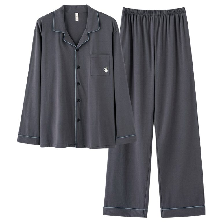 Men's Solid Color Lapel Long-Sleeve & Pants Cotton Pajama Set