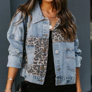 Women's Cropped Leopard Print Patchwork Distressed Denim Jacket