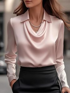 Women's Satin Cowl Neck Long-Sleeve Blouse