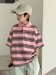 Kids Pink & Brown Striped Turn-Down Collar Polo Shirt