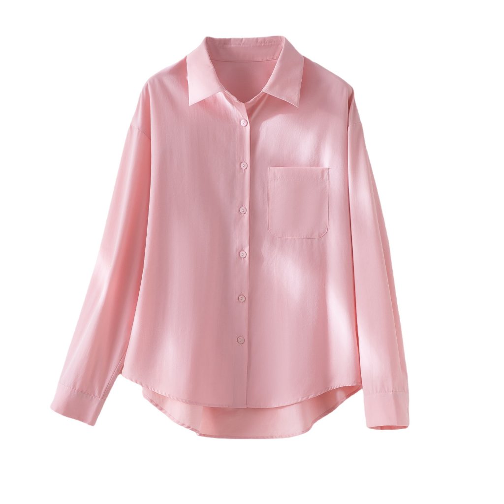 Women's Pink Oversized Dropped-Shoulder Pocket Long-Sleeve Shirt