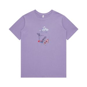 Women's Dragonfly & Floral Print Crew Neck Short Sleeve T-Shirt