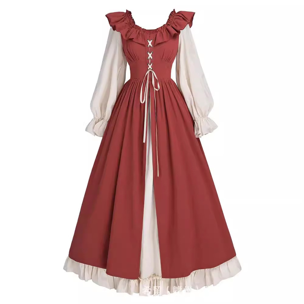 Women's Retro Pastoral Style Patchwork Long Sleeve Dress