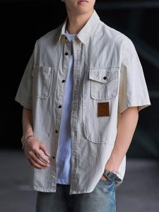 Men's Workwear Style Double Pocket Short Sleeve Shirt