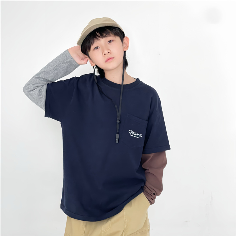 Kids Fake Two-Piece Color-Blocked Long-Sleeve T-Shirt (CAMPING Pocket Style)