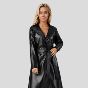 Women's Long Belted PU Leather Trench Coat