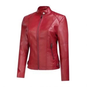 Women's Stand Collar Slim Fit PU Leather Biker Jacket