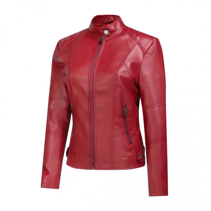 Women's Stand Collar Slim Fit PU Leather Biker Jacket