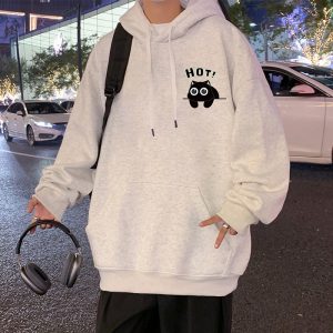 Cartoon Black Cat "HOT!" Print Hoodie (Loose Casual Style)