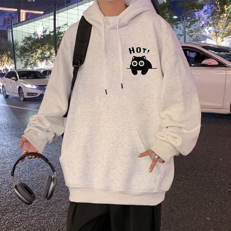 Cartoon Black Cat "HOT!" Print Hoodie (Loose Casual Style)