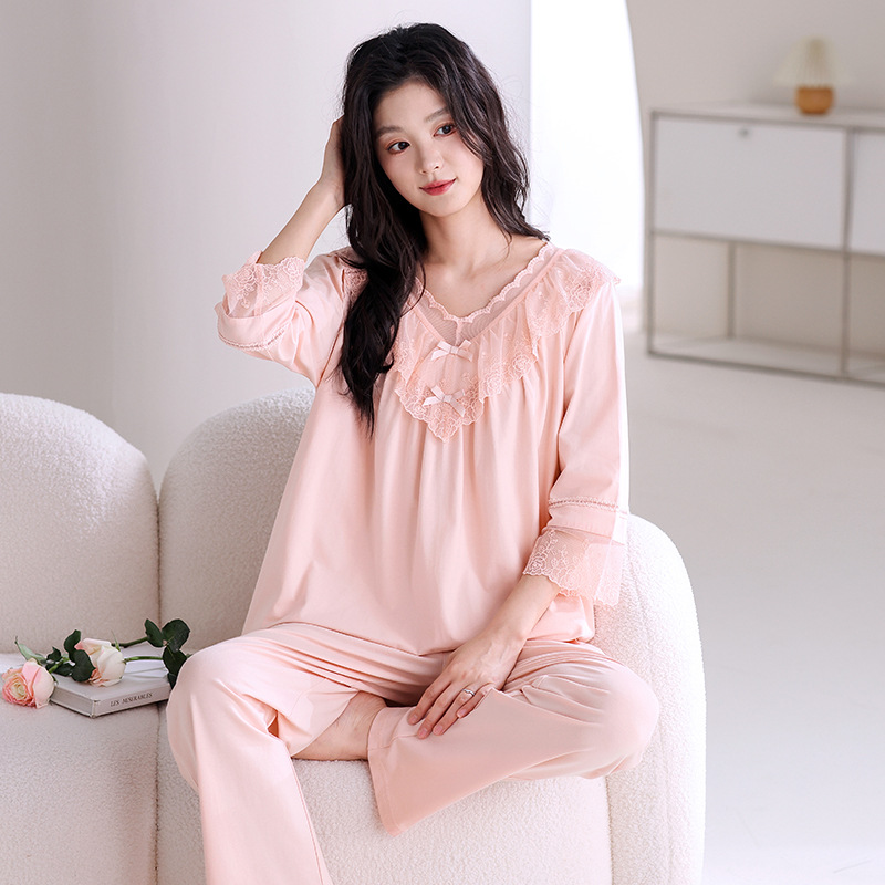 Women's Lace Trim V-Neck Three-Quarter Sleeve & Long Pants Pajama Set