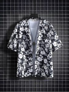 Men's Black & White Floral Print Short Sleeve Shirt (Cuban Collar Style)