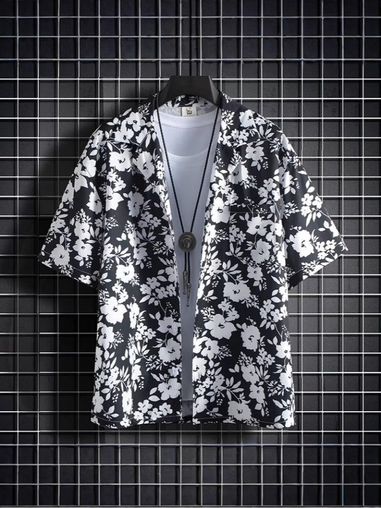 Men's Black & White Floral Print Short Sleeve Shirt (Cuban Collar Style)