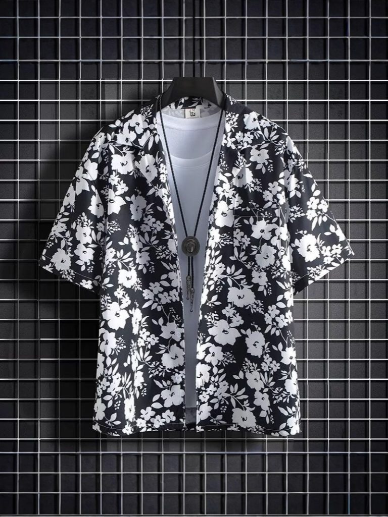 Men's Black & White Floral Print Short Sleeve Shirt (Cuban Collar Style)