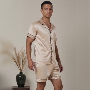 Men's Imitation Silk Contrast Piping Short-Sleeve & Shorts Pajama Set