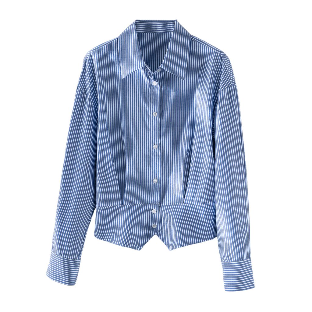Women's Blue-White Striped Cropped Asymmetric Hem Long-Sleeve Shirt