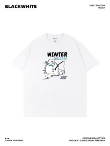 Snowman Fishing Fun Print Crew Neck Short Sleeve T-Shirt