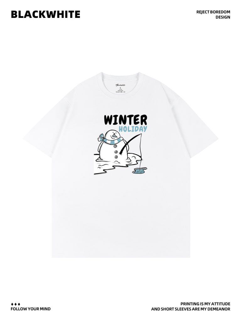 Snowman Fishing Fun Print Crew Neck Short Sleeve T-Shirt