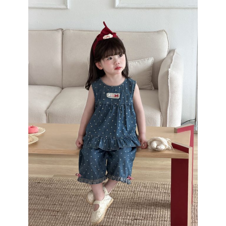 Girls' Polka Dot Denim Vest + Wide-Leg Shorts Two-Piece Set