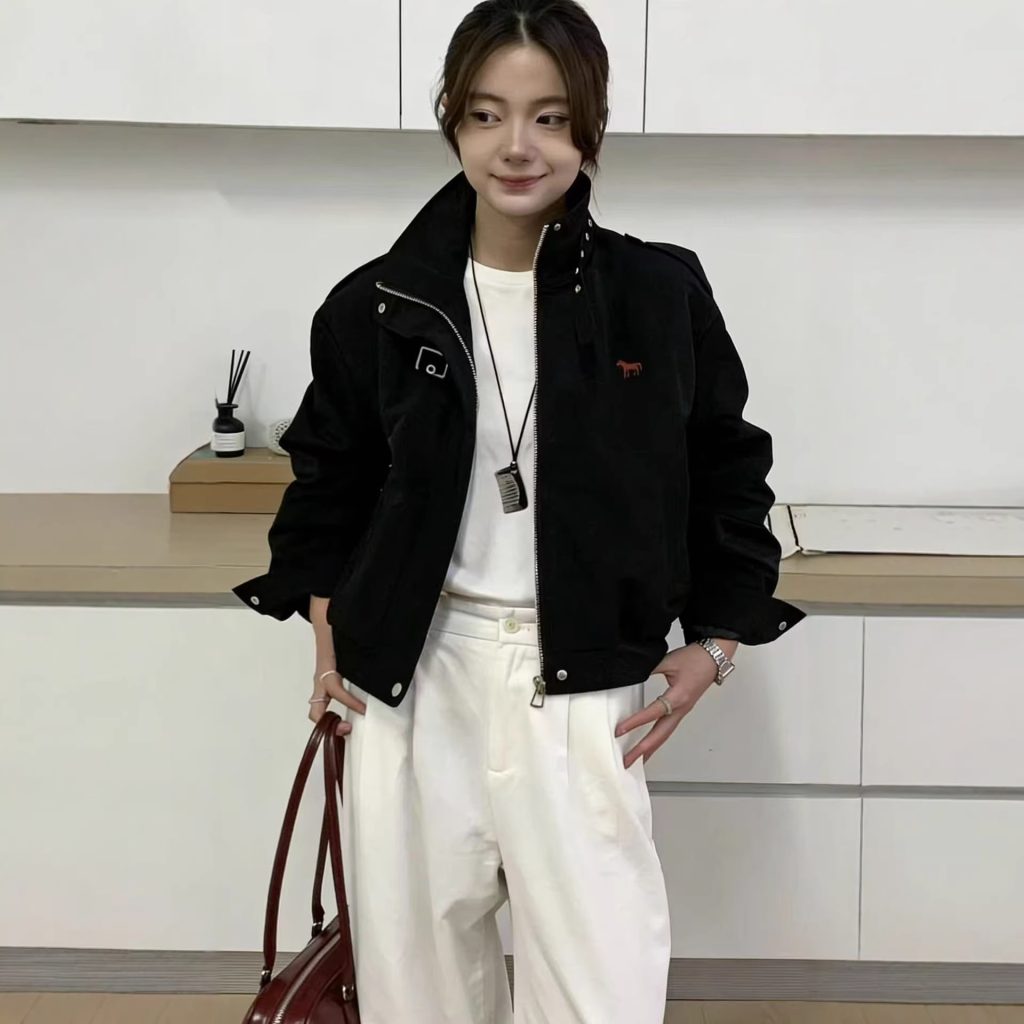 Women's Cropped Stand Collar Embroidered Workwear Jacket