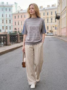 Women's Geometric Jacquard Color-Block Short Sleeve Knit Top