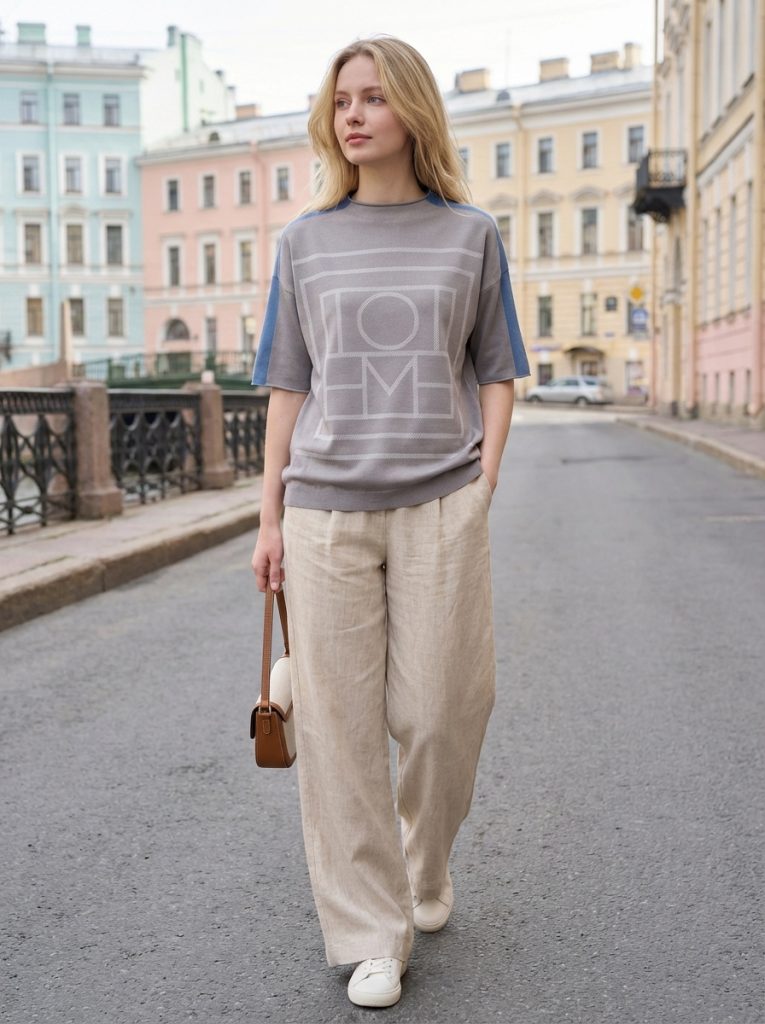 Women's Geometric Jacquard Color-Block Short Sleeve Knit Top