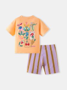 Kids Vegetable & Flower Print Short-Sleeve T-Shirt + Striped Shorts Two-Piece Set