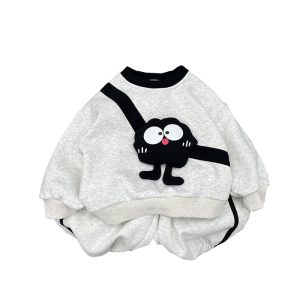 Kids Soot Sprite Cartoon Applique Sweatshirt + Cuffed Pants Two-Piece Set