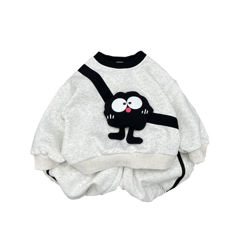 Kids Soot Sprite Cartoon Applique Sweatshirt + Cuffed Pants Two-Piece Set