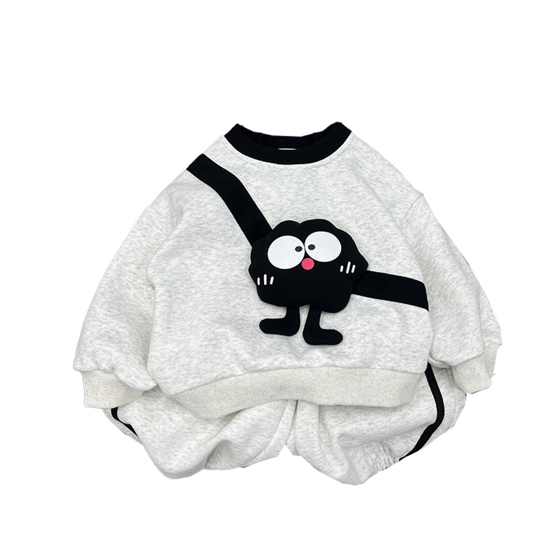 Kids Soot Sprite Cartoon Applique Sweatshirt + Cuffed Pants Two-Piece Set