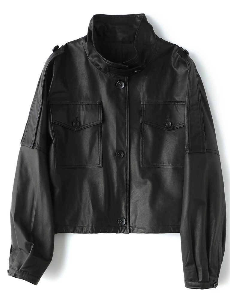 Women's Cropped Stand Collar Workwear Style Genuine Leather Jacket