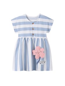 Girls' Blue & White Stripe Flower Applique Short-Sleeve Dress