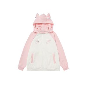 Women's Cat Ear Hood Color-Block Cartoon Embroidered Zip-Up Sweatshirt