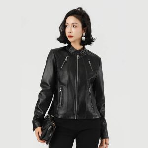 Women's Stand Collar Multi-Zip Slim Fit PU Leather Biker Jacket